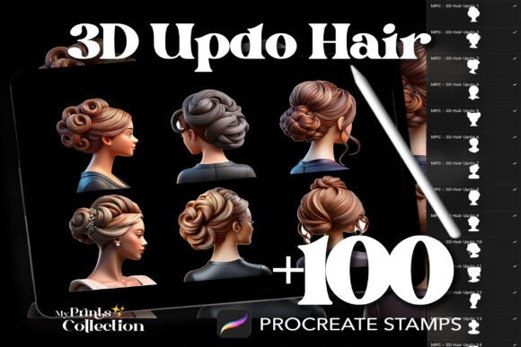 100 Procreate 3D Updo Hair Stamps
